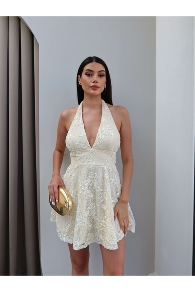 ESRAHELVACI Embossed Mini Dress with Neck Tie