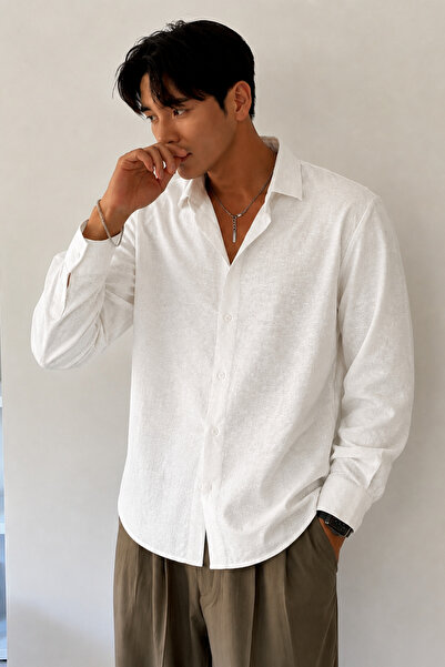 Tarz Cool Flamlı Linen Patterned Men's Regular Long Sleeve Apaj Collar Shirt