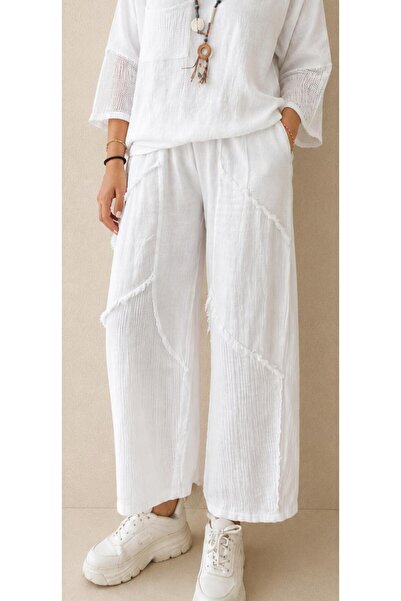 AGORATEKSTİL Women's Mesh Detailed Double Pocket Linen Trousers