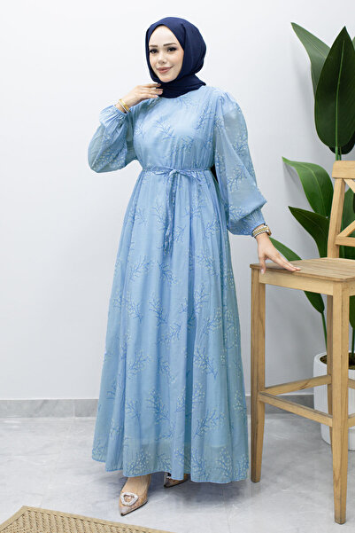 Tesettür Dünyası Lined Branch Patterned Dress Tsd260238 Blue