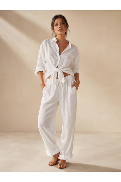 Punta Otantik Yg42381 Italian Carrot Linen Trousers White