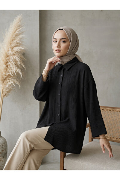 Lunsera Store Double Sleeve Muslin Shirt-Black
