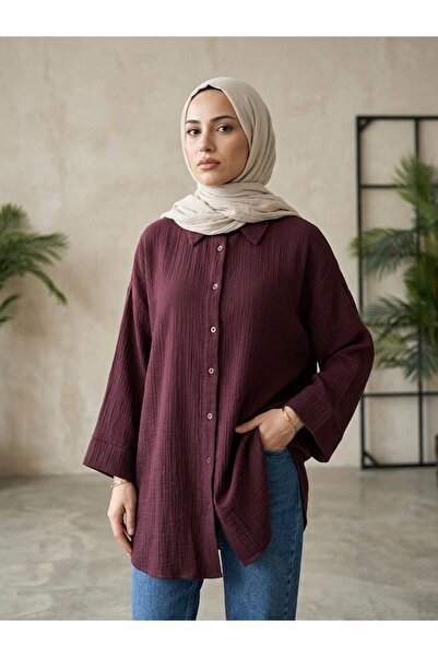 Lunsera Store Double Sleeve Muslin Shirt-Burgundy