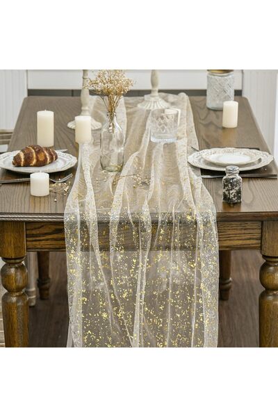 X LOT Mode Beige Gold Gauze Table Runner 120 Inch 10FT, Glitter Metallic Foil...