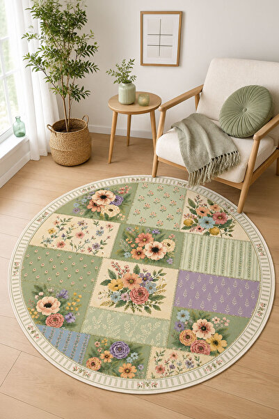 Toronto Home Dijital Kaymaz Yıkanabilir Çiçekli Patchwork Vintage Renkli Salo...
