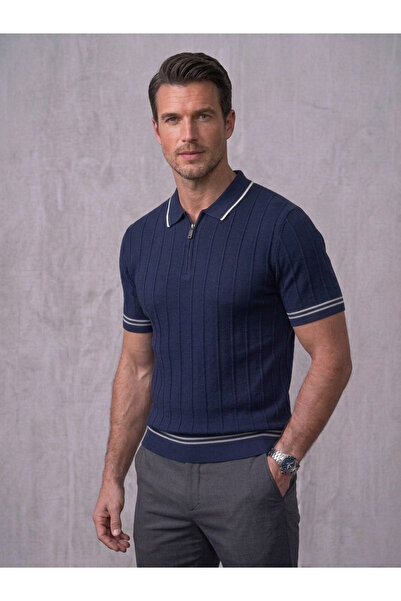 Ewarro Men's Knitwear T-Shirt Striped Zippered Polo Collar