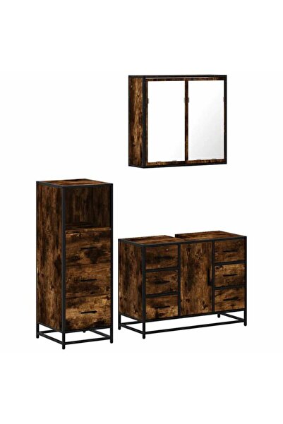 vidaxl Set mobilier baie din 3 piese, stejar afumat, lemn prelucrat
