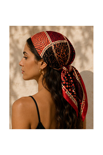 elden co Kırmızı Etnik Desen Saten Fular / Bandana / Saç Eşarbı 70x70 cm