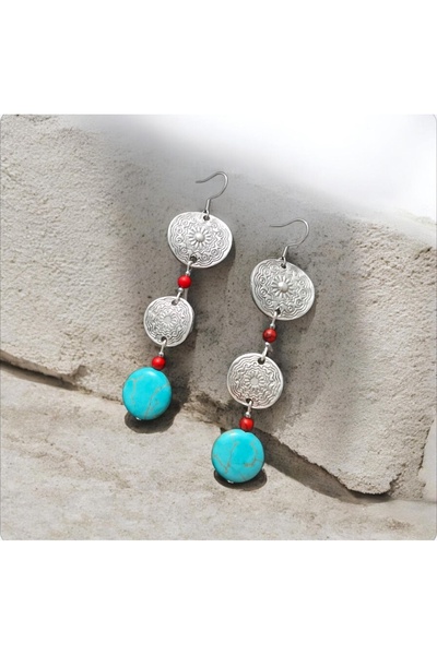 Birtakı'm Şeyler Blue Authentic Crimped Turquoise Stone Handmade Earrings
