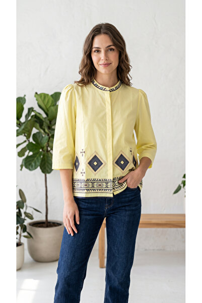Haya Women's Embroidered Mandarin Collar Cotton top - Lemon Yellow