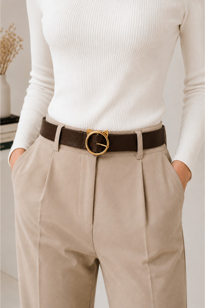 kemer krallığı Women's Brown Cat Buckle Gold Belt, Suitable for All Outfits