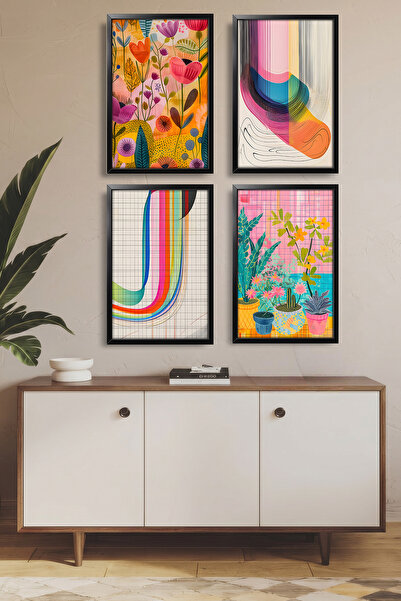 4 Parça MDF Tablo Siyah Ahşap Çerçeve Görünümlü Modern Renkli Sanat Seti