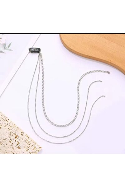 Shiklik Accesoriu de păr pentru femei cu lanț triplu de culoare argintie