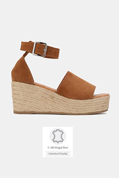 TUNAELLİ Women's Tan Suede Genuine Leather Size 36-41 Wedge Heel Daily Espadr...