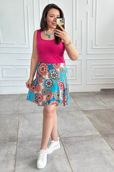 yb yağmur butik Mixed Patterned Viscon Short Skirt