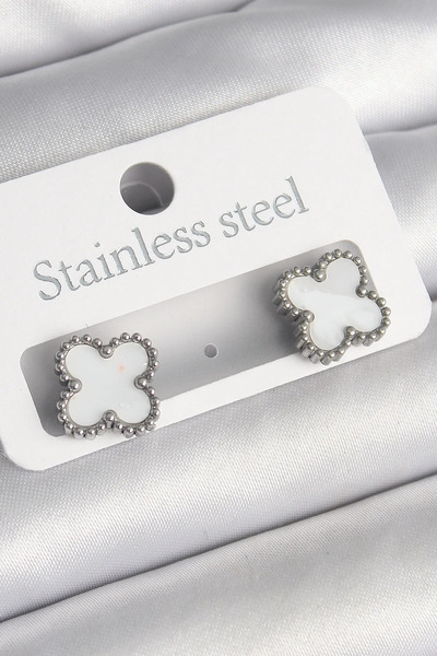 ALKASAZ 316L Steel Silver Color White Clover Model Women's Earrings