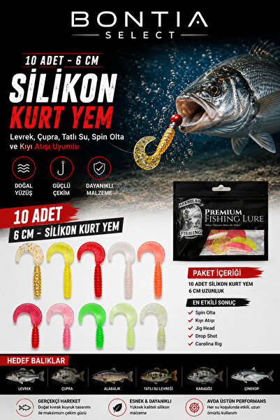 Bontia Silikon Kurt Balık Yemi 10 Adet 6 cm Levrek Çupra Alabalık Spin ve Kıy...
