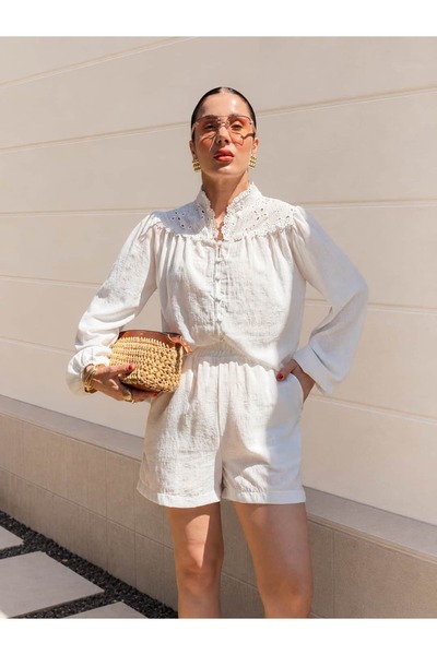 YK FASHION Keten Fisto Detaylı Şort Takım