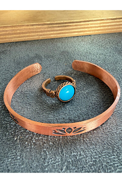 Rupen Kraft Handcrafted copper bracelet and natural stone ring set, adjustabl...