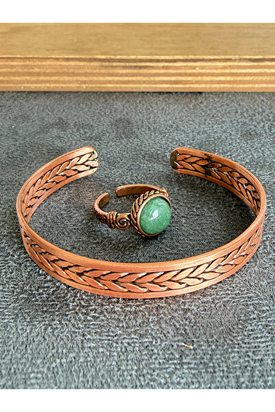 Rupen Kraft Handcrafted copper bracelet and natural stone ring set, adjustabl...