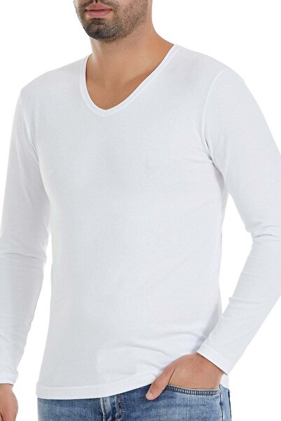 YILDIZ Lycra V-Neck Long Sleeve Men's T-Shirt White
