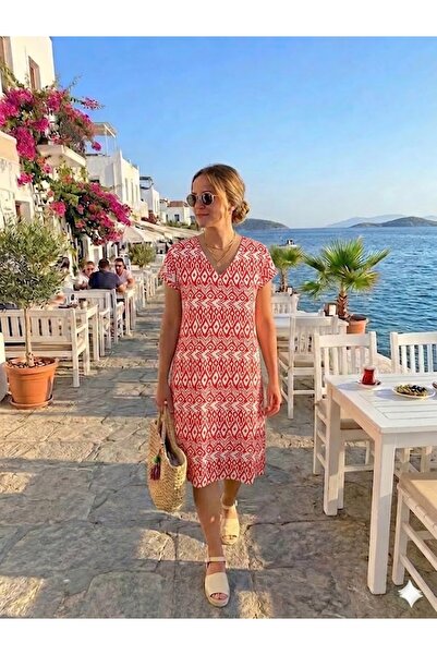 AYASOFYA OTANTIK Women's Ethnic Patterned Short Sleeve Midi Dress