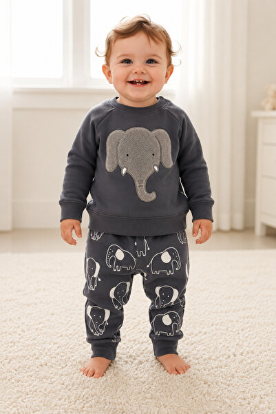 LUVVERA Elephant Embroidered Cotton Tracksuit Set Casual 2-Piece Set