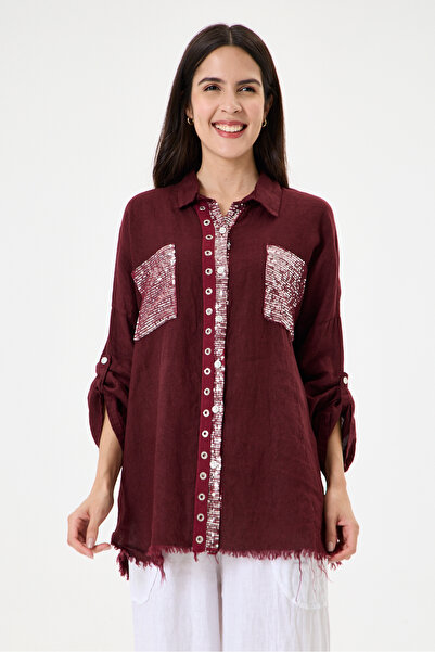 della moor Women's Burgundy Italian 100% Linen Sequined Ring Stripe Oversize ...