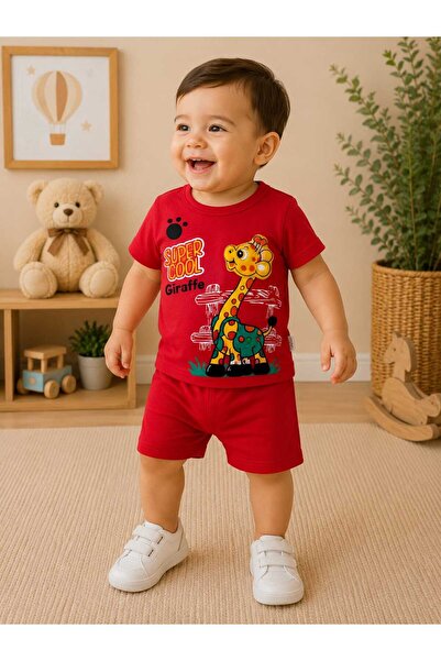 krm kerem bebe Super Cool Giraffe 3D Embroidered Baby Boy Top and Bottom Summ...