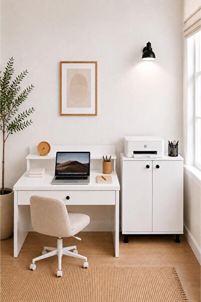 MOBİX HOME MK66 Çekmeceli Çalışma Masası ve Ofis Dolabı Beyaz