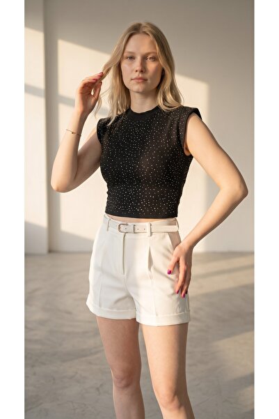 Taş Detaylı Dik Yaka Kolsuz Örme Crop Top Bluz Kadın
