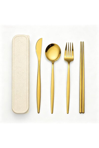 Generic Premium Travel Flatware Set, 4 Pieces Gold Stainless Steel, Coated Ha...