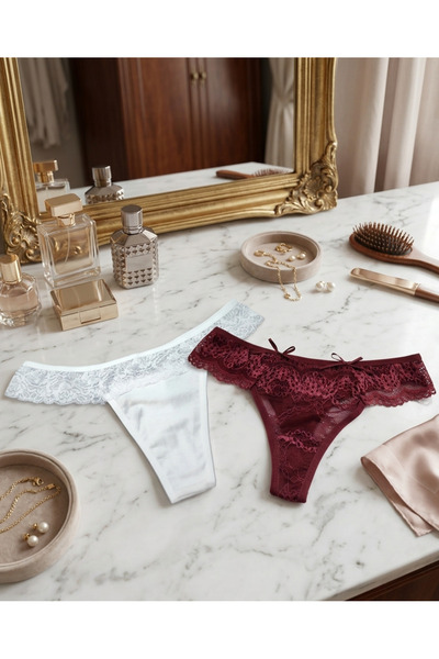 ANDINO 2'li Tanga Önü Dantel Arkası Pamuklu String Sexi Kadın Külot