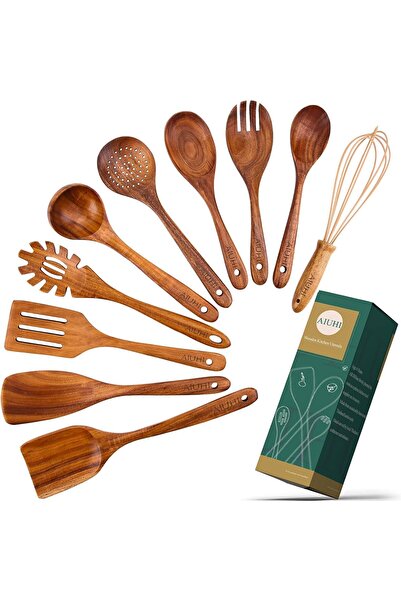 ADT AIUHI 10 Pack Wooden Spoons for Cooking, Teak Wood Kitchen Utensils Set f...