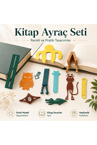 Dinç Spor Renkli 3D Baskı Kitap Ayracı Seti – Kedi, Baykuş, Timsah, Pati ve S...