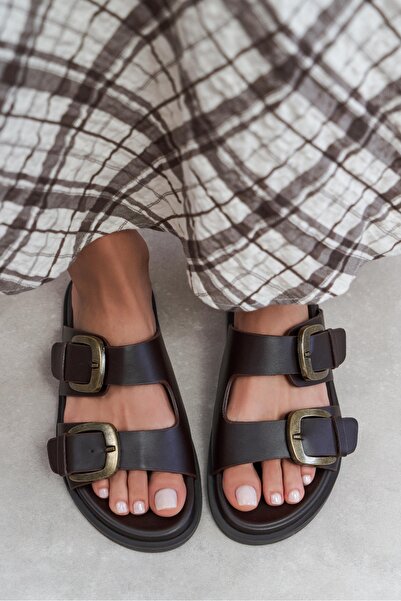 NİŞANTAŞI SHOES Ting Brown Matte Double Buckle Detail Flat Sole Women's Slippers