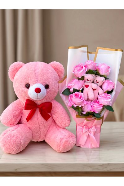 lenostra Sevgiliye Hediyelik 35 cm Ayıcık ve Pembe Gul Buketi Ayıcıklı