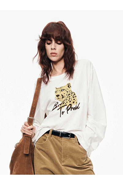 Jose Clothing White Printed Long Sleeve Cotton T-Shirt Suitable for Hijab