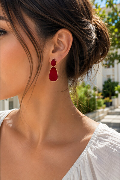 POYASE Burgundy Black Stone Look Gold Framed Dangle Earrings