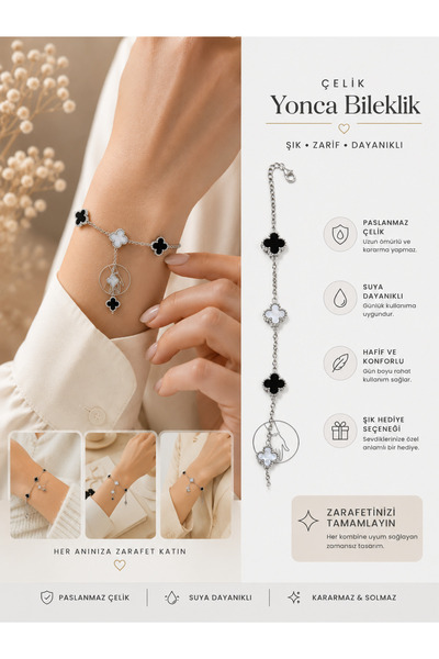 kasımoğulları concept Black & White Clover Detailed Steel Bracelet – Elegant ...