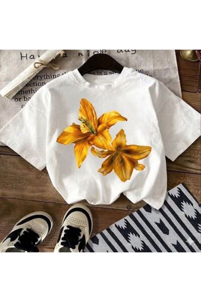 LELVANİ Women's Red Lily Flower Printed T-Shirt