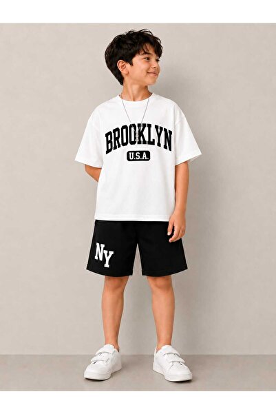 Kids Boy's Brooklyn Printed Shorts Set – White and Black Summer 2-Piece Set