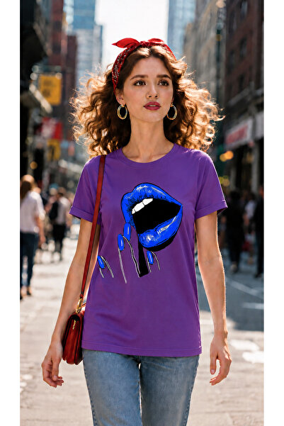 VODEXA Women's Oversize T-Shirt Blue Lip Printed 100% Cotton T-Shirt Comforta...