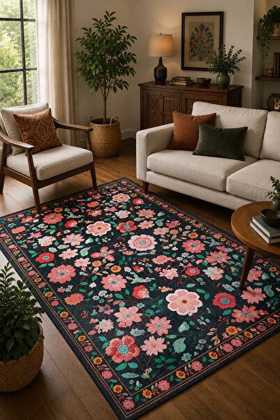 Aybek Home Renkli Floral Desen Siyah Baskılı Yıkanabilir Kaymaz Taban Halı Sa...