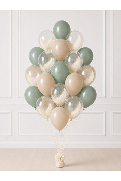 Balonsan Eucalyptus Sand Beige Transparent Cream Balloon Feather Themed Ballo...