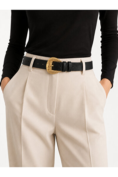 kemer krallığı Women's Black Oval Gold Buckle Trousers, Waist and Jacket Belt
