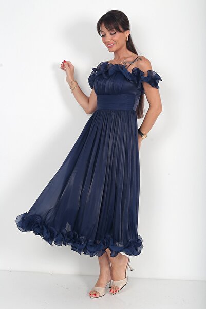 By Saygı Women's Chiffon Fabric Flounce Detailed Lined Midi Dress