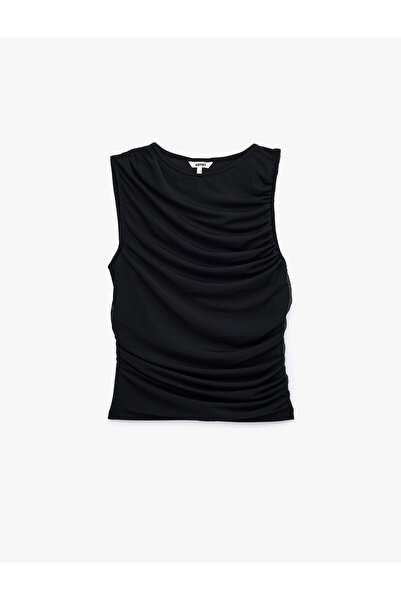 Koton Skinny Fit Bisiklet Yaka Drapeli Kolsuz Tül Bluz
