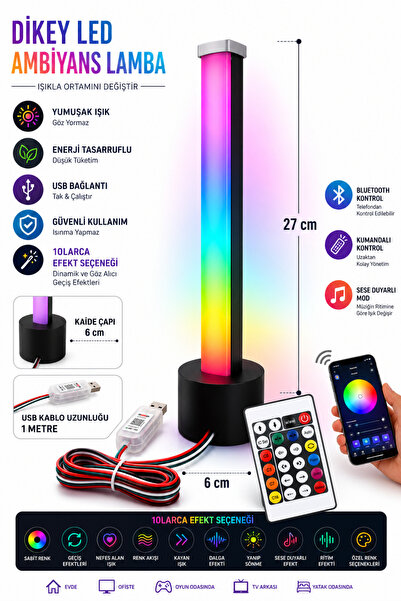TrendDeco RGB Dikey LED Ambiyans Lambası 27 cm – Bluetooth ve Kumandalı Kontr...