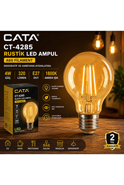 Cata CT-4285 Rustik LED Filament Ampul A60 4W E27 Amber 1800K 320 Lümen Dekor...